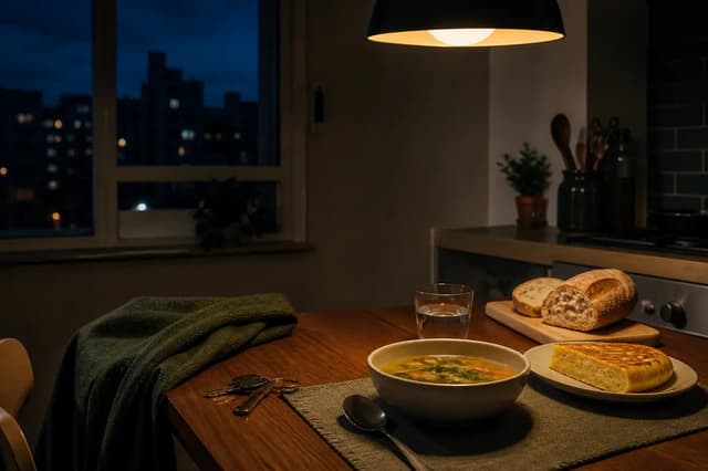 Cena sencilla con sopa, tortilla y pan en una cocina iluminada por la noche