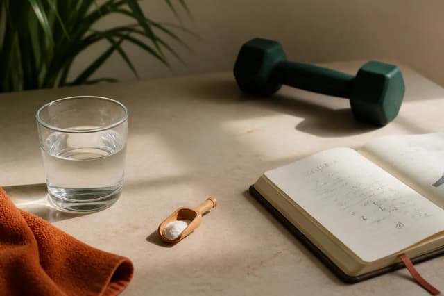 Vaso de agua y una pequeña medida de creatina junto a material de entrenamiento