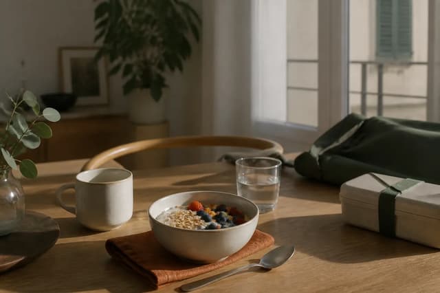 Desayuno con yogur, fruta y avena junto a una fiambrera preparada