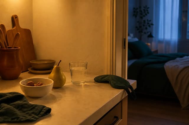 Cocina tranquila de noche junto a un dormitorio preparado para descansar