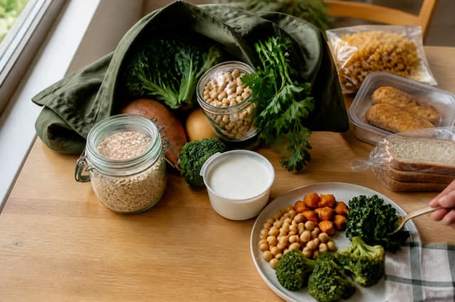 Alimentos con distinto grado de procesamiento sobre una mesa